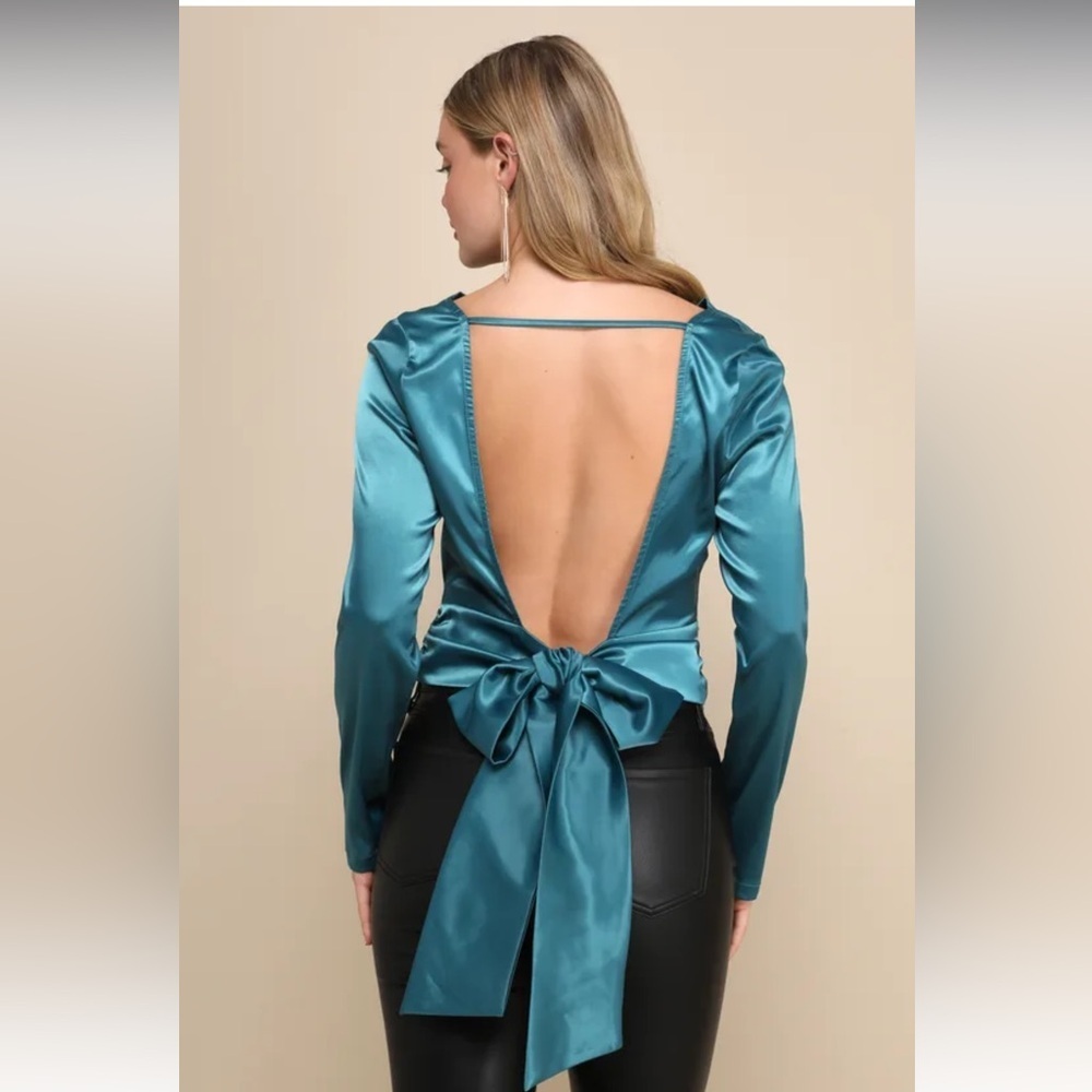 Lulus Lovely Outing Teal Green Satin Cowl Neck Backless Tie-Back Top XS NWT
